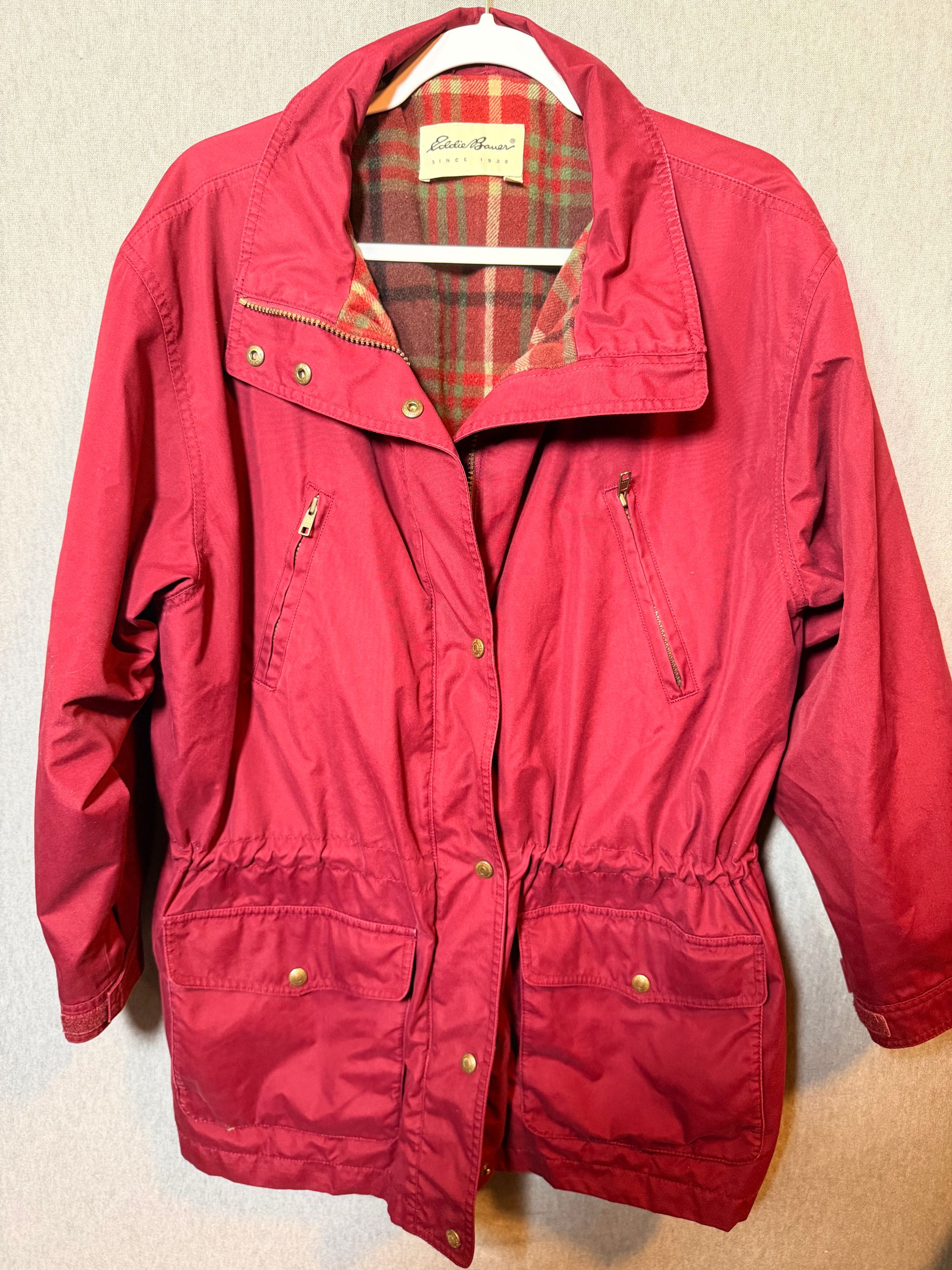 Eddie Bauer Women's Red Flannel Lined Field Jacket Coat Size L/G Full Zip Snaps